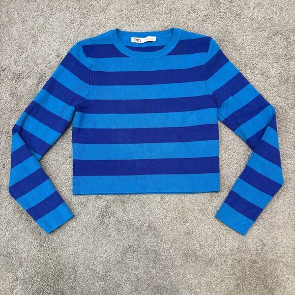 ZARA Blue Striped Long Sleeve Cropped Sweater Top Size L - Picture 2 of 12